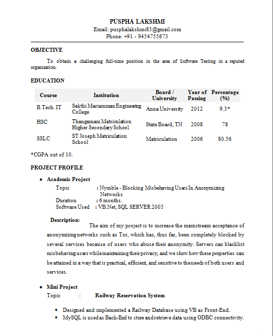 What is the format of resume for a fresher